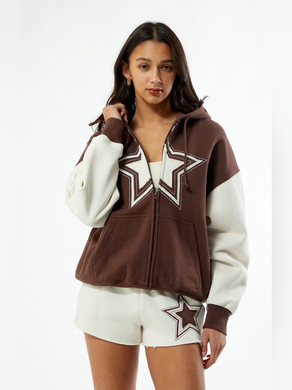 Pacsun Starred Full Zip Hoodie- Brown